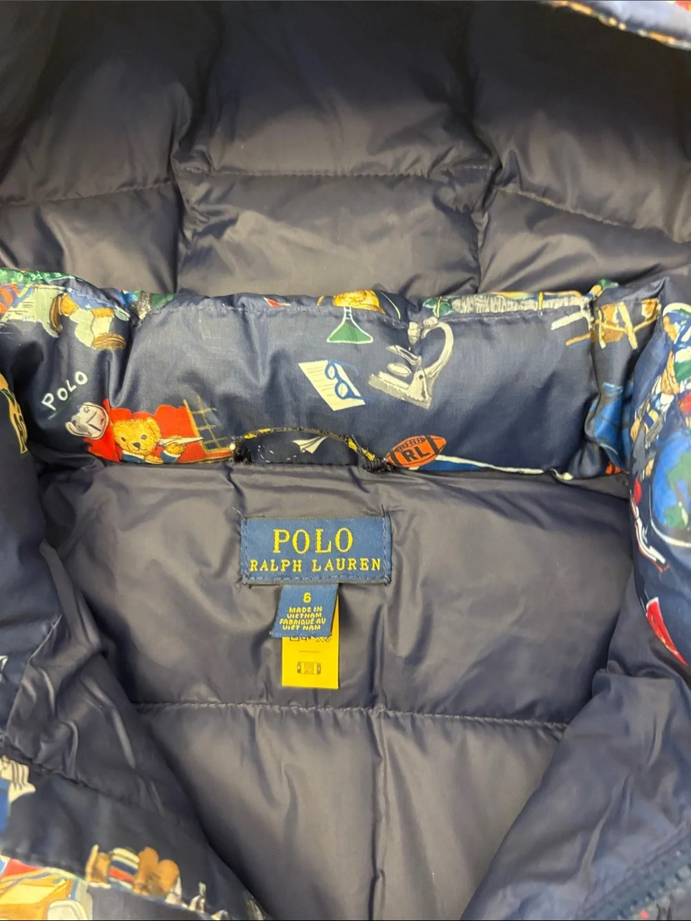 Ralph Lauren Polo Hooded Kids Puffer Down Jacket with Polo Bear Print, Size 6